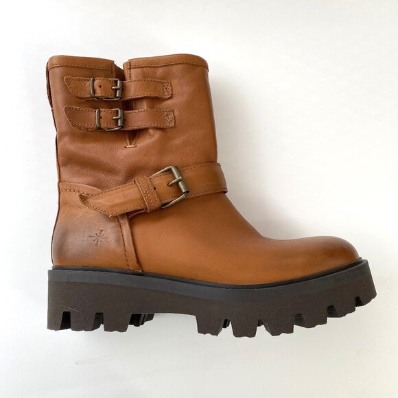 New Ross & Snow Lucky Waterproof Cognac Leather Moto Ankle Boots - Size 6.5 - Picture 1 of 6